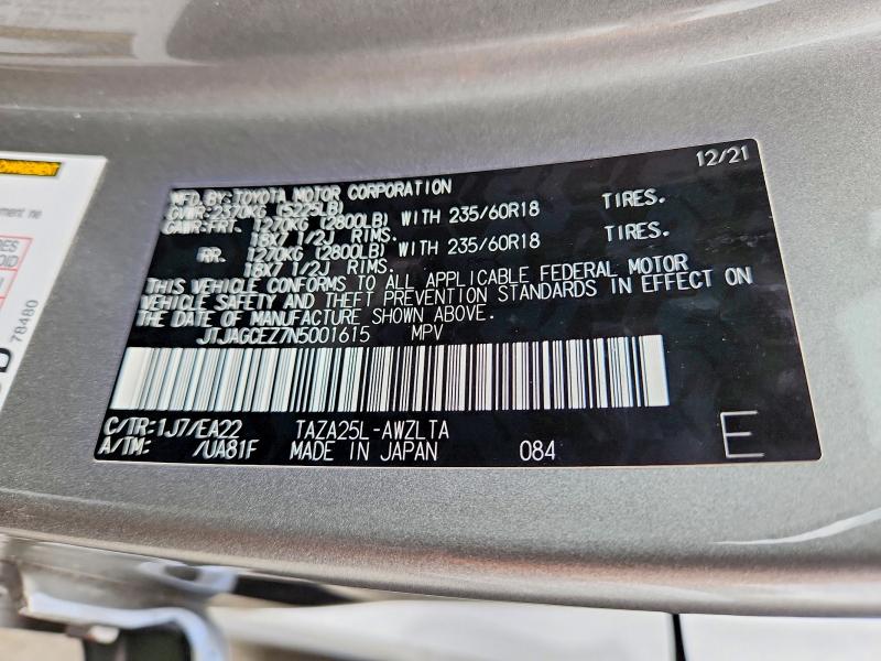 61795286 :رقم المزاد ، JTJAGCEZ7N5001615 vin ، 2022 Lexus Nx مزاد بيع