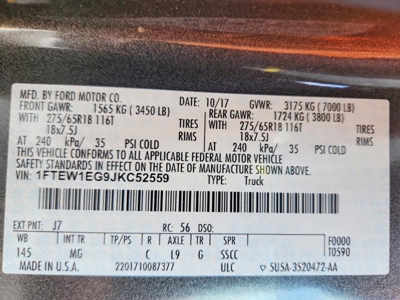 2018 Ford F150 მანქანა იყიდება აუქციონზე, vin: 1FTEW1EG9JKC52559, აუქციონის ნომერი: 62332376