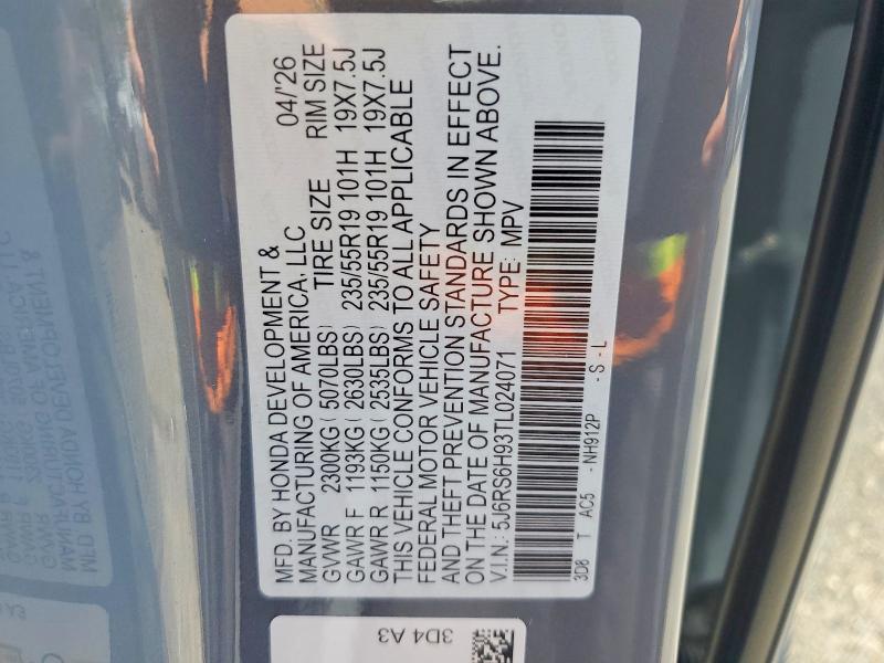 2026 Honda Cr-v მანქანა იყიდება აუქციონზე, vin: 5J6RS6H93TL024071, აუქციონის ნომერი: 60616596