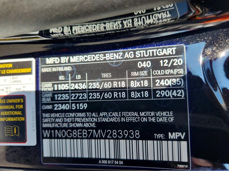 61305926 :رقم المزاد ، W1N0G8EB7MV283938 vin ، 2021 Mercedes-benz Glc مزاد بيع
