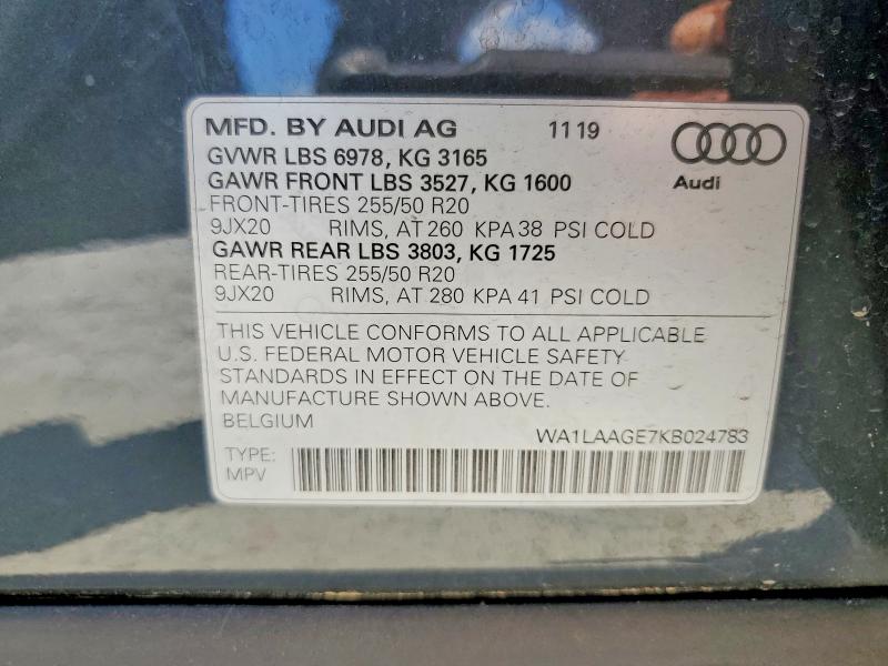 2019 Audi E-tron მანქანა იყიდება აუქციონზე, vin: WA1LAAGE7KB024783, აუქციონის ნომერი: 60629146