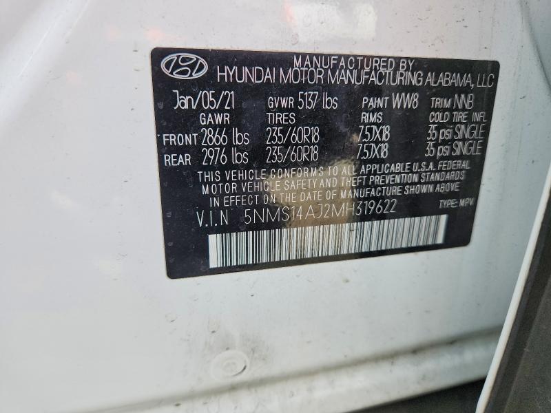 2021 Hyundai Santa Fe მანქანა იყიდება აუქციონზე, vin: 5NMS14AJ2MH319622, აუქციონის ნომერი: 60452766