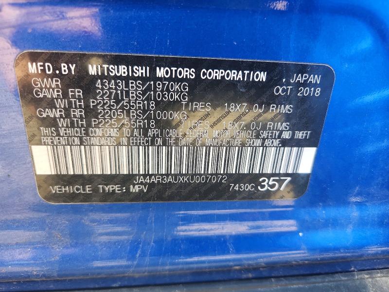 2019 Mitsubishi Outlander Sport მანქანა იყიდება აუქციონზე, vin: JA4AR3AUXKU007072, აუქციონის ნომერი: 60052466