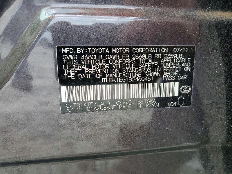 Aukcja sprzedaży 2011 Lexus Es, vin: JTHBK1EG1B2460451, numer aukcji: 60567406