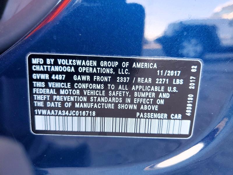 2018 Volkswagen Passat მანქანა იყიდება აუქციონზე, vin: 1VWAA7A34JC016718, აუქციონის ნომერი: 61045816