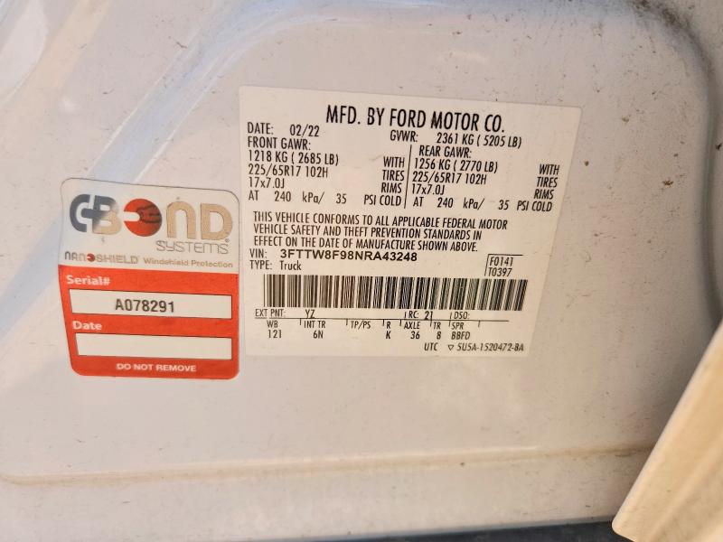 2022 Ford Maverick მანქანა იყიდება აუქციონზე, vin: 3FTTW8F98NRA43248, აუქციონის ნომერი: 59254066