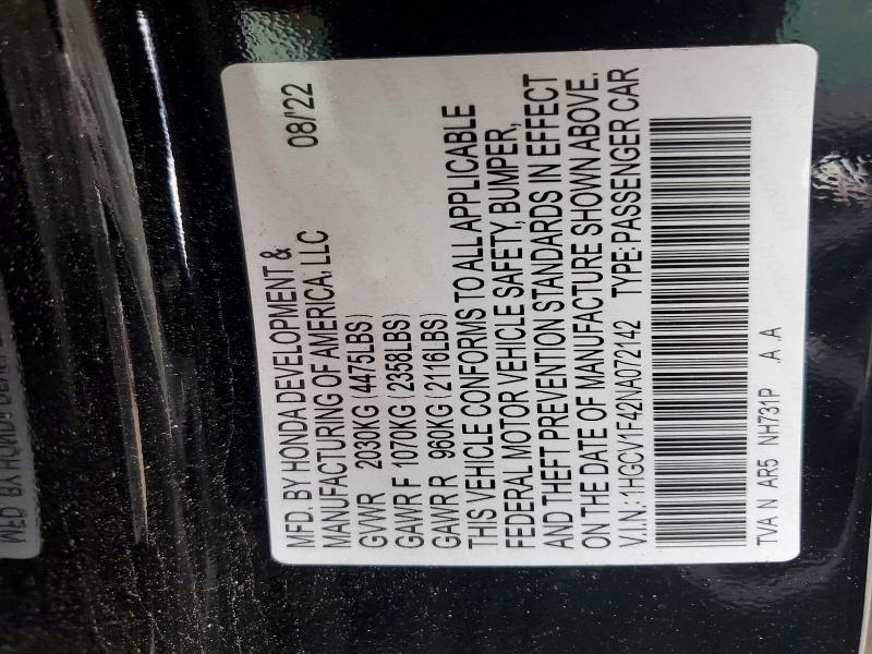 2022 Honda Accord მანქანა იყიდება აუქციონზე, vin: 1HGCV1F42NA072142, აუქციონის ნომერი: 60849466