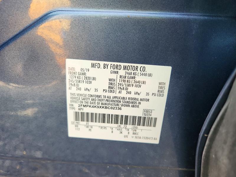 Продаж на аукціоні авто 2019 Ford Edge, vin: 2FMPK4K9XKBC02336, номер лоту: 62423126