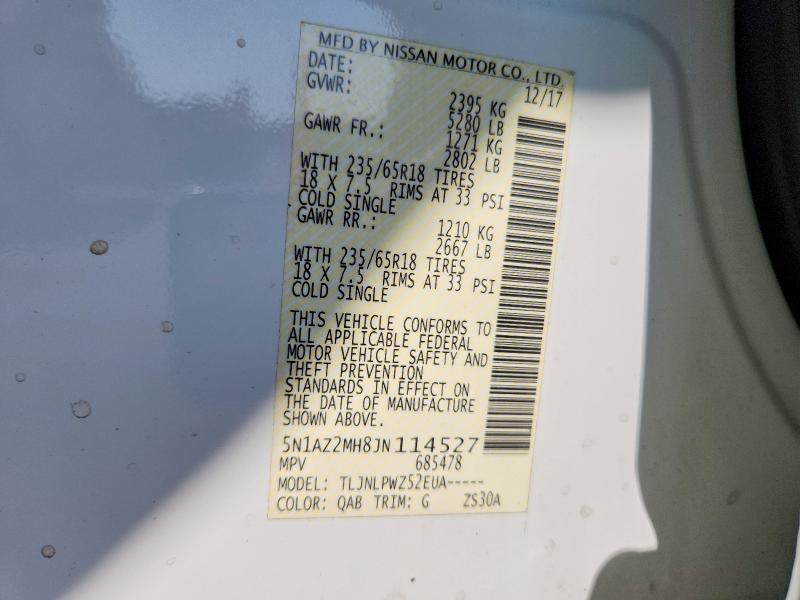 Продаж на аукціоні авто 2018 Nissan Murano, vin: 5N1AZ2MH8JN114527, номер лоту: 62161886