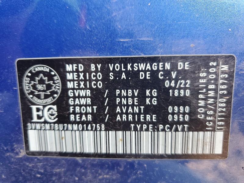 Продажа на аукционе авто 2022 Volkswagen Jetta, vin: 3VWSM7BU7NM014758, номер лота: 57040366