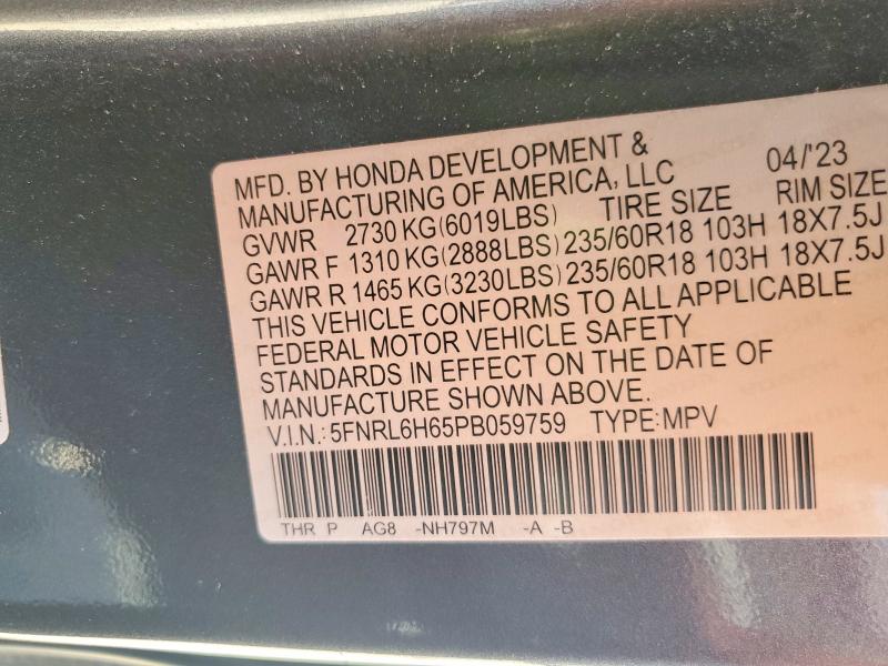 Продаж на аукціоні авто 2023 Honda Odyssey, vin: 5FNRL6H65PB059759, номер лоту: 63426316