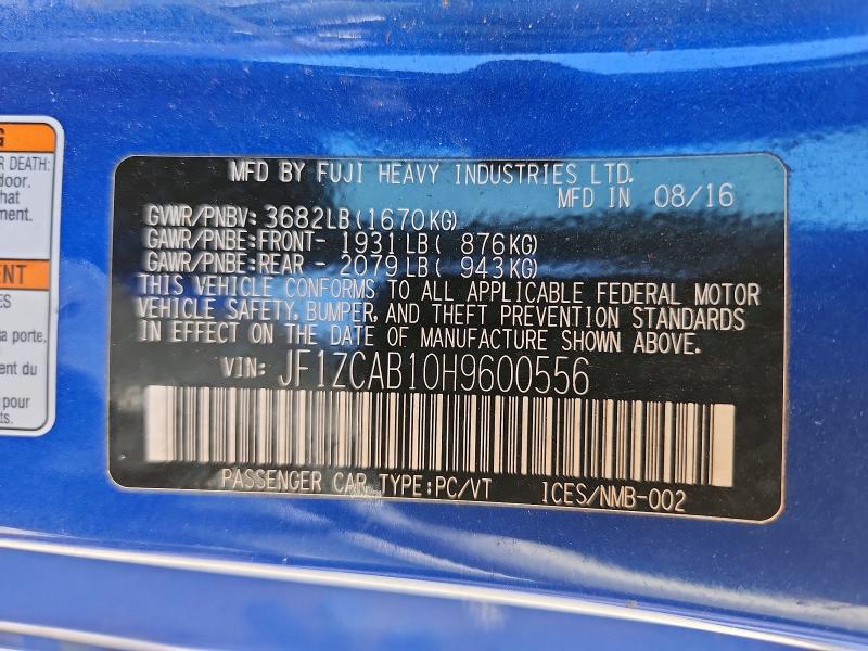 61624446 :رقم المزاد ، JF1ZCAB10H9600556 vin ، 2017 Subaru Brz مزاد بيع