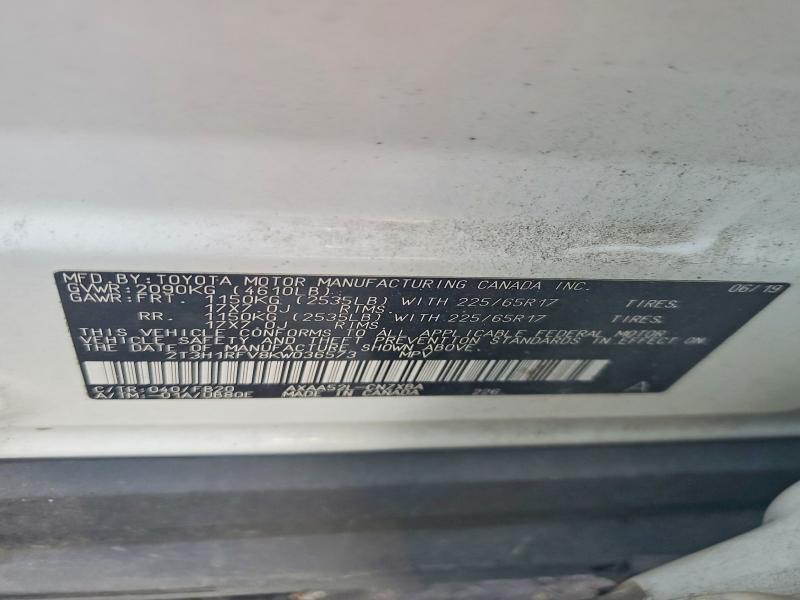 63133986 :رقم المزاد ، 2T3H1RFV8KW036573 vin ، 2019 Toyota Rav4 مزاد بيع