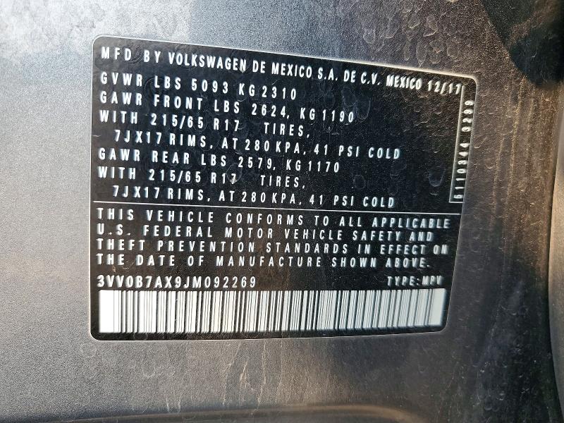 2018 Volkswagen Tiguan მანქანა იყიდება აუქციონზე, vin: 3VV0B7AX9JM092269, აუქციონის ნომერი: 62823776