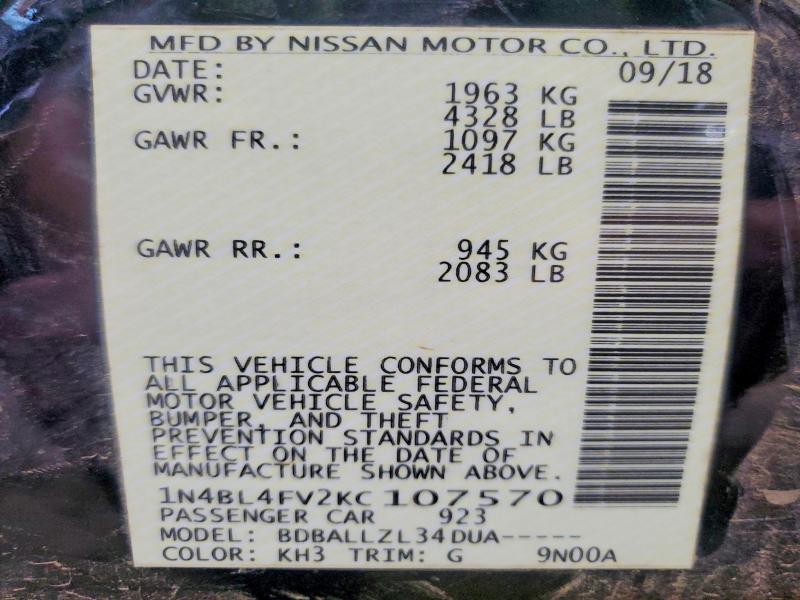 60836856 :رقم المزاد ، 1N4BL4FV2KC107570 vin ، 2019 Nissan Altima مزاد بيع
