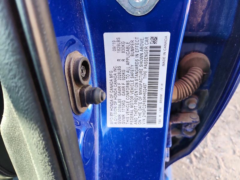 62915026 :رقم المزاد ، 2HGFC2F85KH602497 vin ، 2019 Honda Civic مزاد بيع