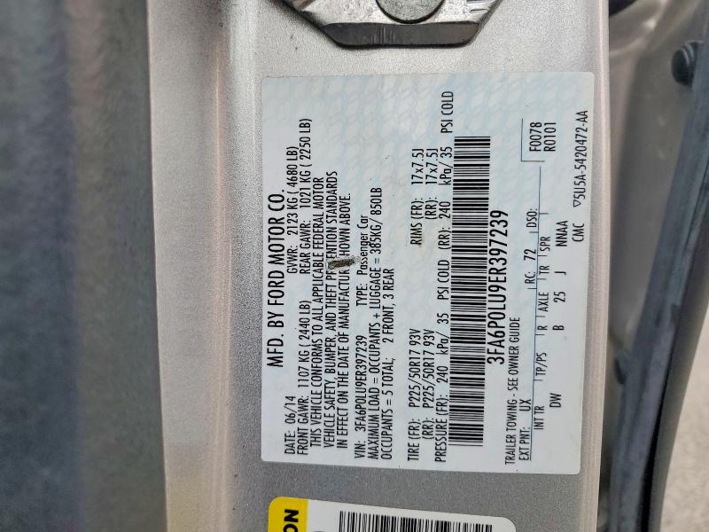 Aukcja sprzedaży 2014 Ford Fusion, vin: 3FA6P0LU9ER397239, numer aukcji: 62339496