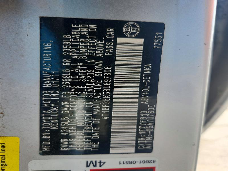 2011 Toyota Camry მანქანა იყიდება აუქციონზე, vin: 4T1BF3EK5BU697806, აუქციონის ნომერი: 59984726