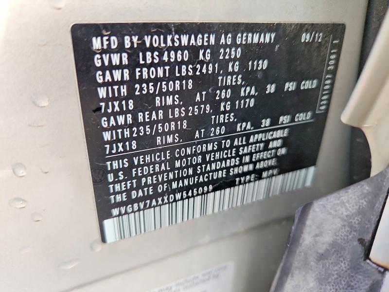 62128496 :رقم المزاد ، WVGBV7AXXDW545099 vin ، 2013 Volkswagen Tiguan مزاد بيع