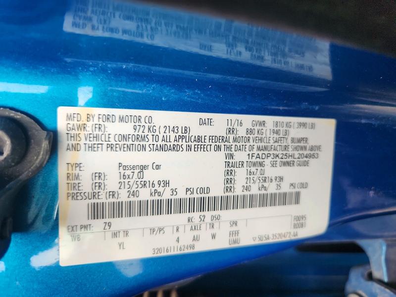 2017 Ford Focus მანქანა იყიდება აუქციონზე, vin: 1FADP3K25HL204953, აუქციონის ნომერი: 59781196