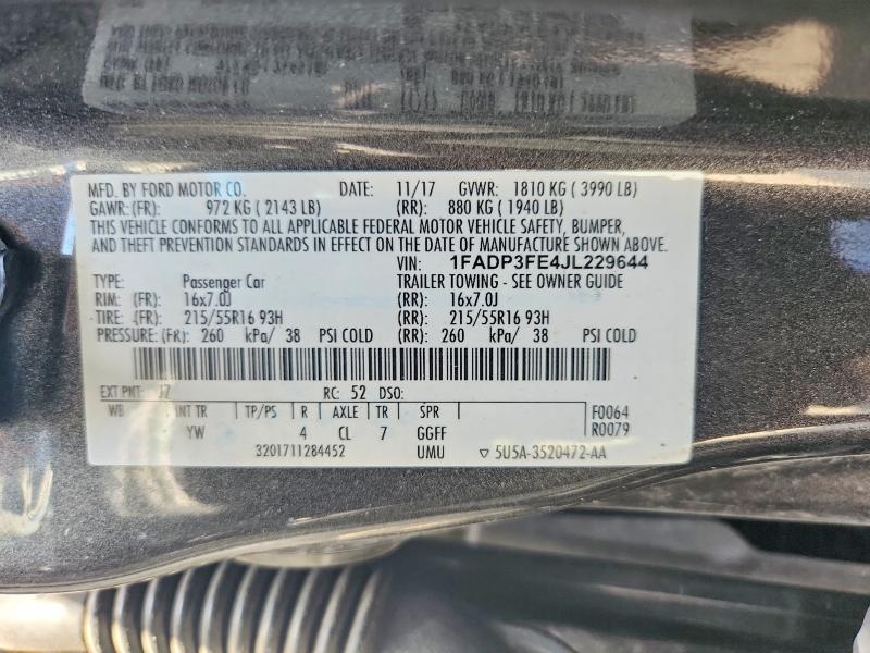 2018 Ford Focus მანქანა იყიდება აუქციონზე, vin: 1FADP3FE4JL229644, აუქციონის ნომერი: 59074946