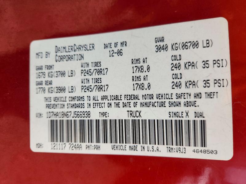 Aukcja sprzedaży 2007 Dodge Ram 1500, vin: 1D7HA18N67J566938, numer aukcji: 62503746