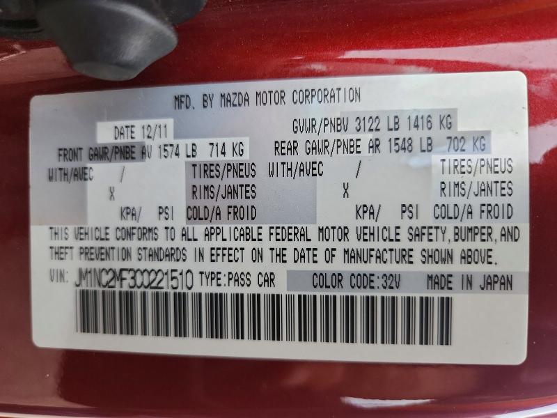 Продажа на аукционе авто 2012 Mazda Mx-5 Miata, vin: JM1NC2MF3C0221510, номер лота: 59595576