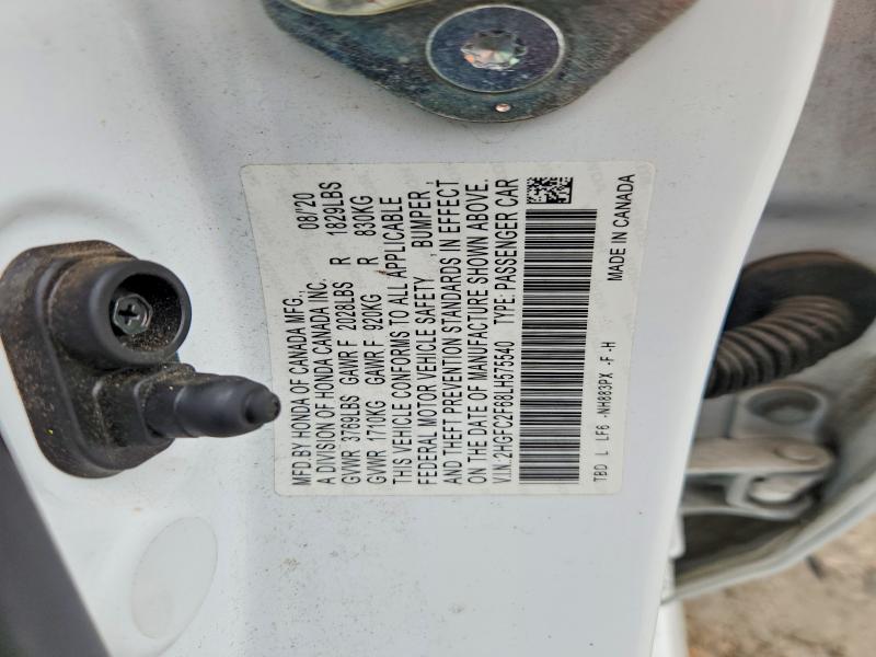 2020 Honda Civic მანქანა იყიდება აუქციონზე, vin: 2HGFC2F68LH575540, აუქციონის ნომერი: 62055836