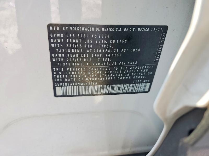 2022 Volkswagen Tiguan მანქანა იყიდება აუქციონზე, vin: 3VV3B7AX8NM044765, აუქციონის ნომერი: 62021156