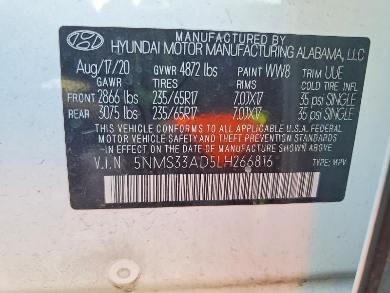 59576186 :رقم المزاد ، 5NMS33AD5LH266816 vin ، 2020 Hyundai Santa Fe مزاد بيع