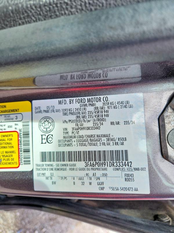 2013 Ford Fusion მანქანა იყიდება აუქციონზე, vin: 3FA6P0H91DR333442, აუქციონის ნომერი: 62025276