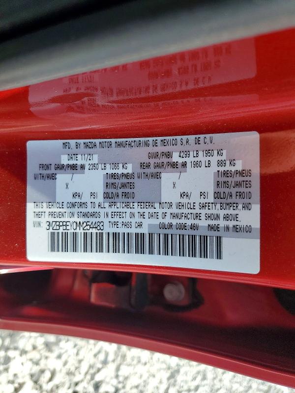 2021 Mazda 3 მანქანა იყიდება აუქციონზე, vin: 3MZBPBEY0MM254483, აუქციონის ნომერი: 61531046