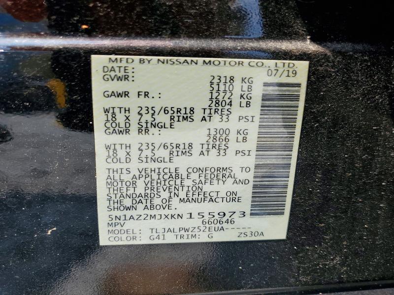 2019 Nissan Murano მანქანა იყიდება აუქციონზე, vin: 5N1AZ2MJXKN155973, აუქციონის ნომერი: 62387536