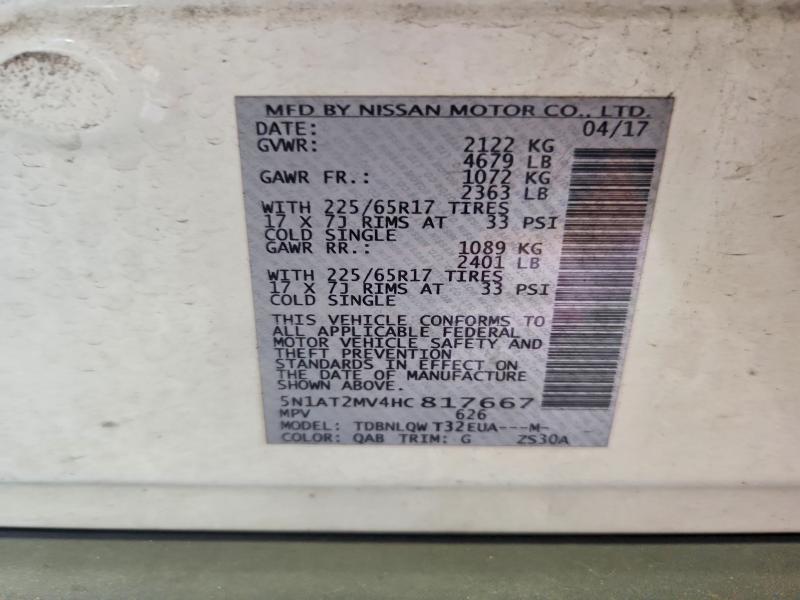 2017 Nissan Rogue მანქანა იყიდება აუქციონზე, vin: 5N1AT2MV4HC817667, აუქციონის ნომერი: 59769166