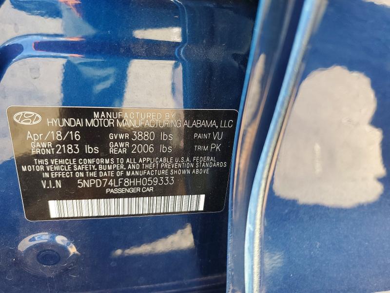 62006666 :رقم المزاد ، 5NPD74LF8HH059333 vin ، 2017 Hyundai Elantra مزاد بيع