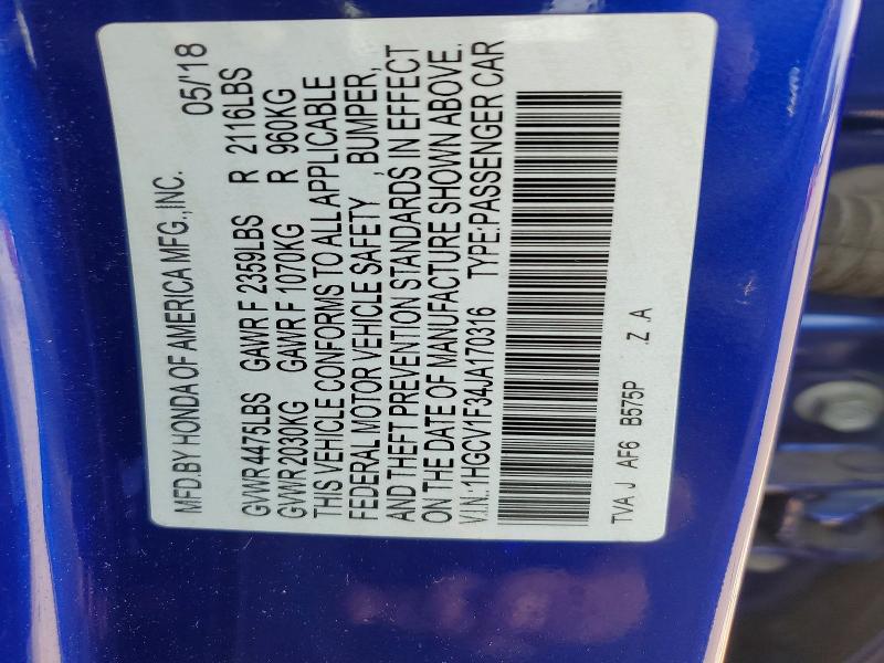 Продажа на аукционе авто 2018 Honda Accord, vin: 1HGCV1F34JA170316, номер лота: 62760976