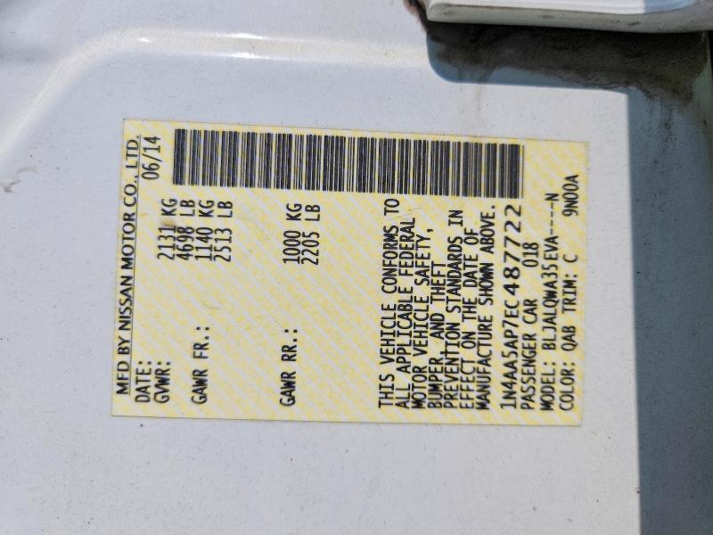 Aukcja sprzedaży 2014 Nissan Maxima, vin: 1N4AA5AP7EC487722, numer aukcji: 61917766