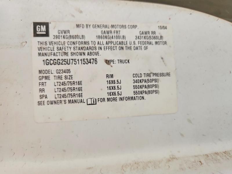 2005 Chevrolet Express მანქანა იყიდება აუქციონზე, vin: 1GCGG25U751153476, აუქციონის ნომერი: 61494066