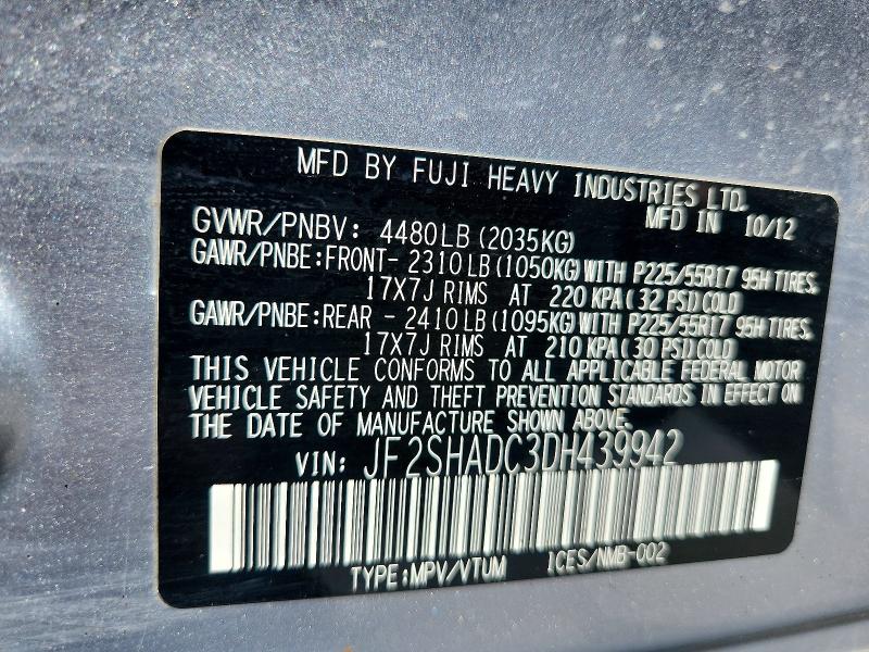 62527176 :رقم المزاد ، JF2SHADC3DH439942 vin ، 2013 Subaru Forester مزاد بيع