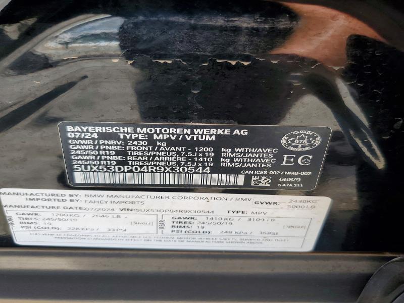 62545286 :رقم المزاد ، 5UX53DP04R9X30544 vin ، 2024 Bmw X3 مزاد بيع