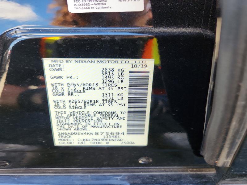 2019 Nissan Frontier მანქანა იყიდება აუქციონზე, vin: 1N6AD0EV4KN875694, აუქციონის ნომერი: 63173296