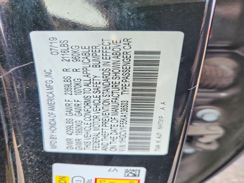 2019 Honda Accord მანქანა იყიდება აუქციონზე, vin: 1HGCV1F55KA136503, აუქციონის ნომერი: 63052826