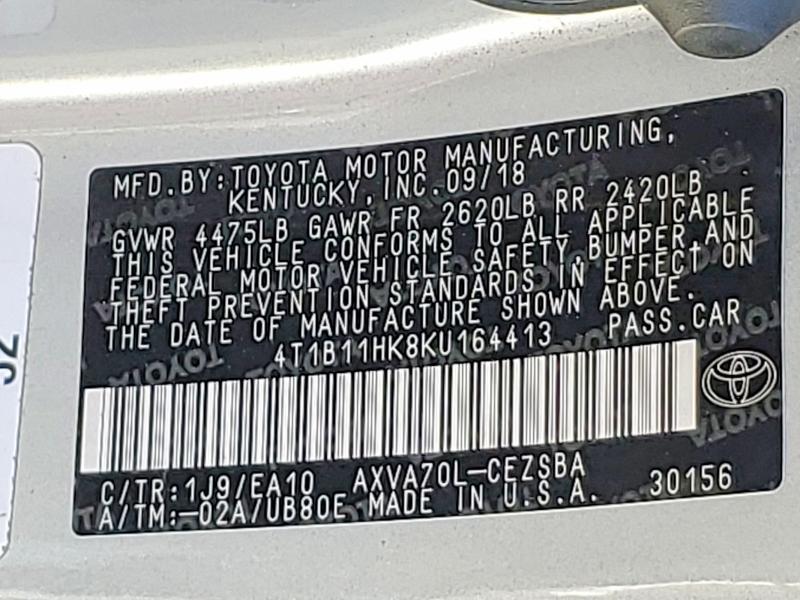 62953656 :رقم المزاد ، 4T1B11HK8KU164413 vin ، 2019 Toyota Camry مزاد بيع