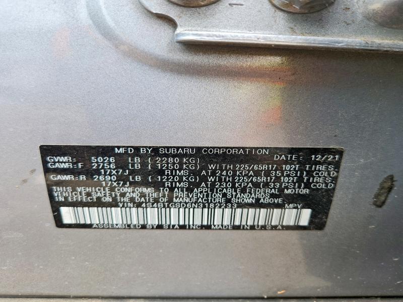 Aukcja sprzedaży 2022 Subaru Outback, vin: 4S4BTGSD6N3182233, numer aukcji: 62124316