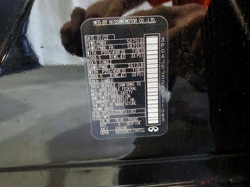 60403856 :رقم المزاد ، 3PCAJ5J32NF111083 vin ، 2022 Infiniti Qx55 مزاد بيع