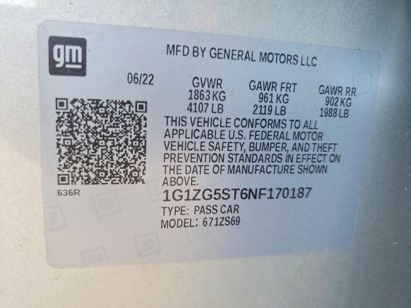 Продаж на аукціоні авто 2022 Chevrolet Malibu, vin: 1G1ZG5ST6NF170187, номер лоту: 59713256