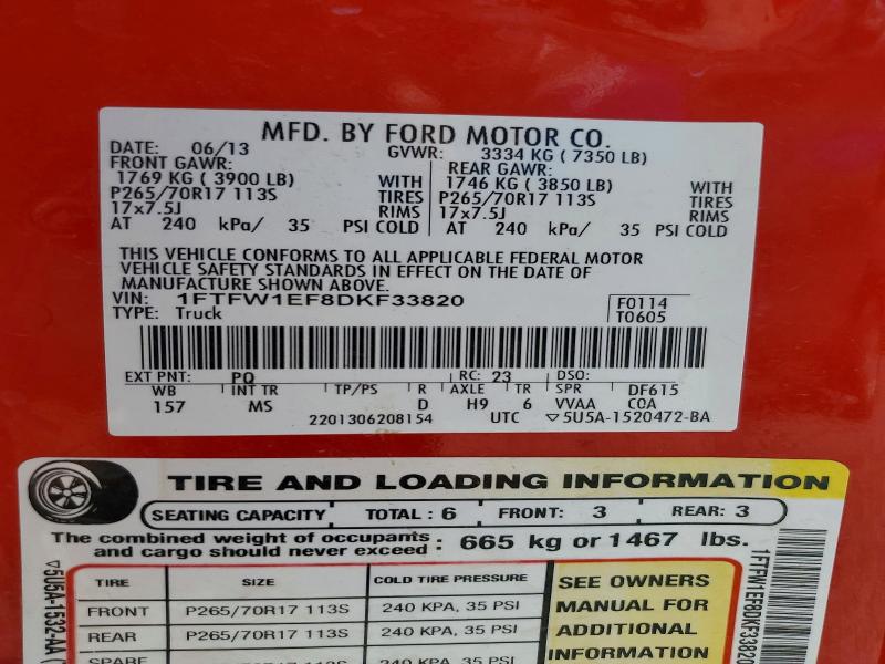 Aukcja sprzedaży 2013 Ford F150, vin: 1FTFW1EF8DKF33820, numer aukcji: 62502746