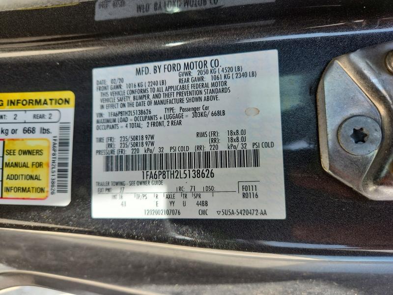 Продажа на аукционе авто 2020 Ford Mustang, vin: 1FA6P8TH2L5138626, номер лота: 61964656