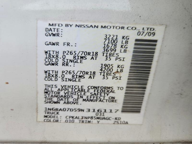 62889176 :رقم المزاد ، 1N6BA07D59N316117 vin ، 2009 Nissan Titan مزاد بيع