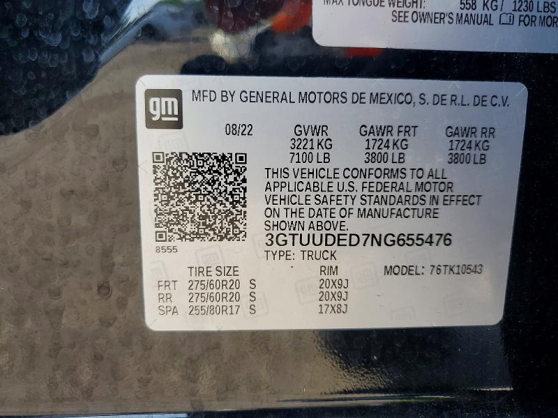 2022 Gmc Sierra მანქანა იყიდება აუქციონზე, vin: 3GTUUDED7NG655476, აუქციონის ნომერი: 58309066